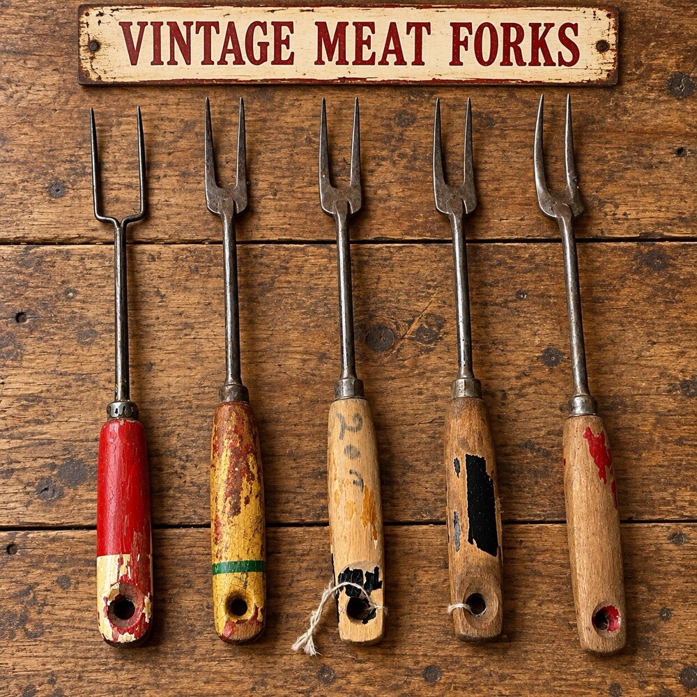 Vintage Meat Carving Forks Lot of 5 A&J Wood Handles Primitive Kitchen USA
